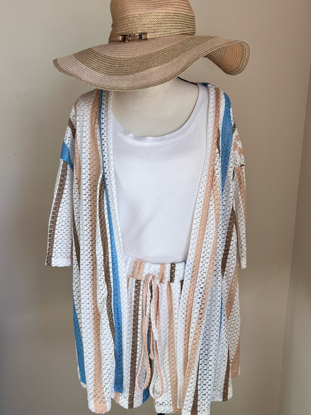 SHEIN Cardigan With Matching Shorts Crochet Blue White Beige Brown 1XL